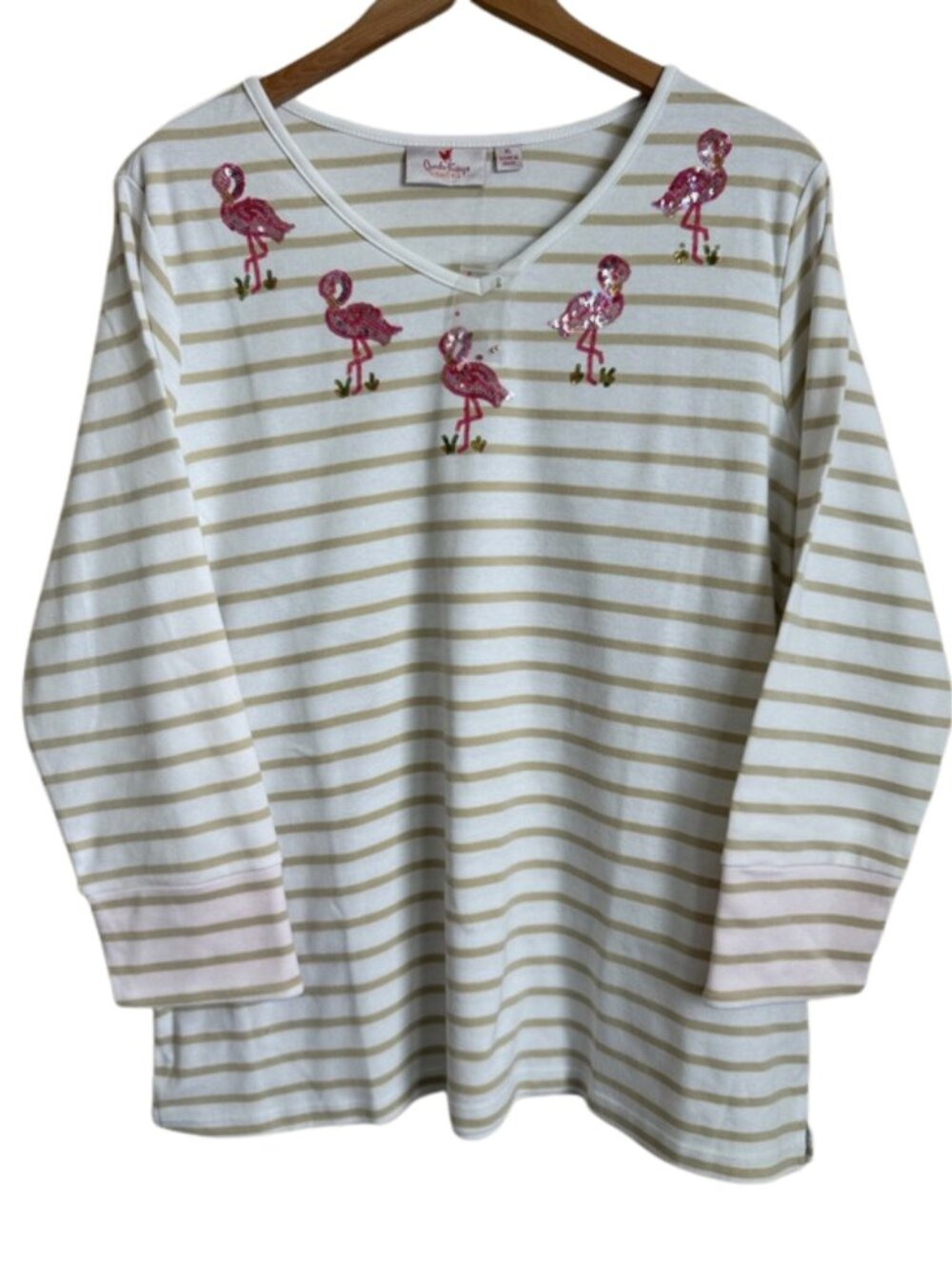Quacker Factory Jeanne Bice Flamingo Sequin Striped Top XL White Tan Pink